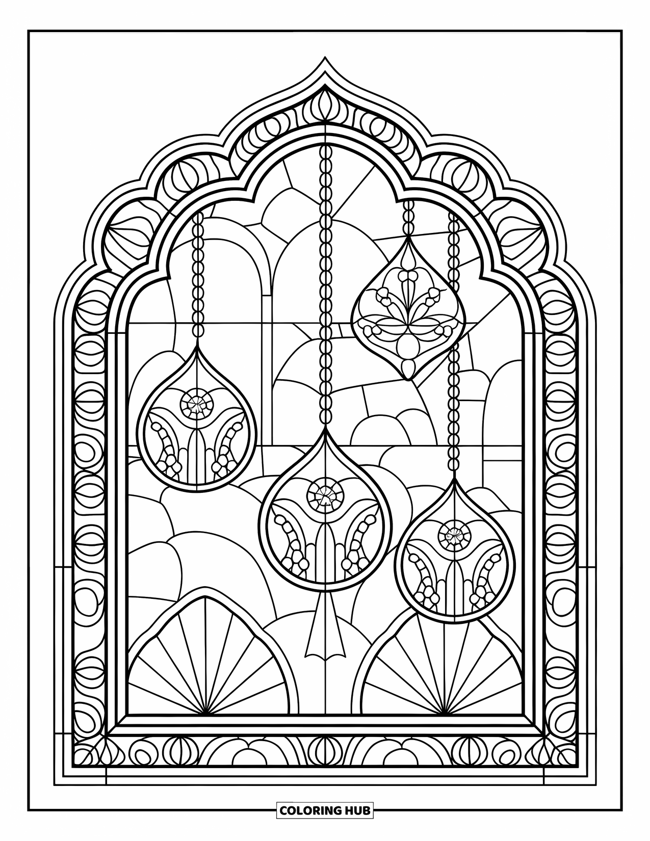 Diwali Coloring Page for Adults: A patterned window shows lanterns framed by floral arch motifs