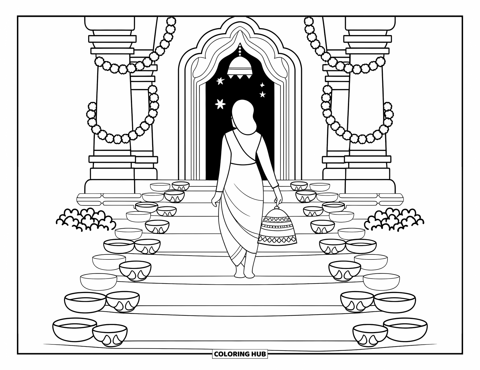 Diwali Coloring Page for Adults: A peaceful temple scene shows a woman climbing steps lit with clay lamps