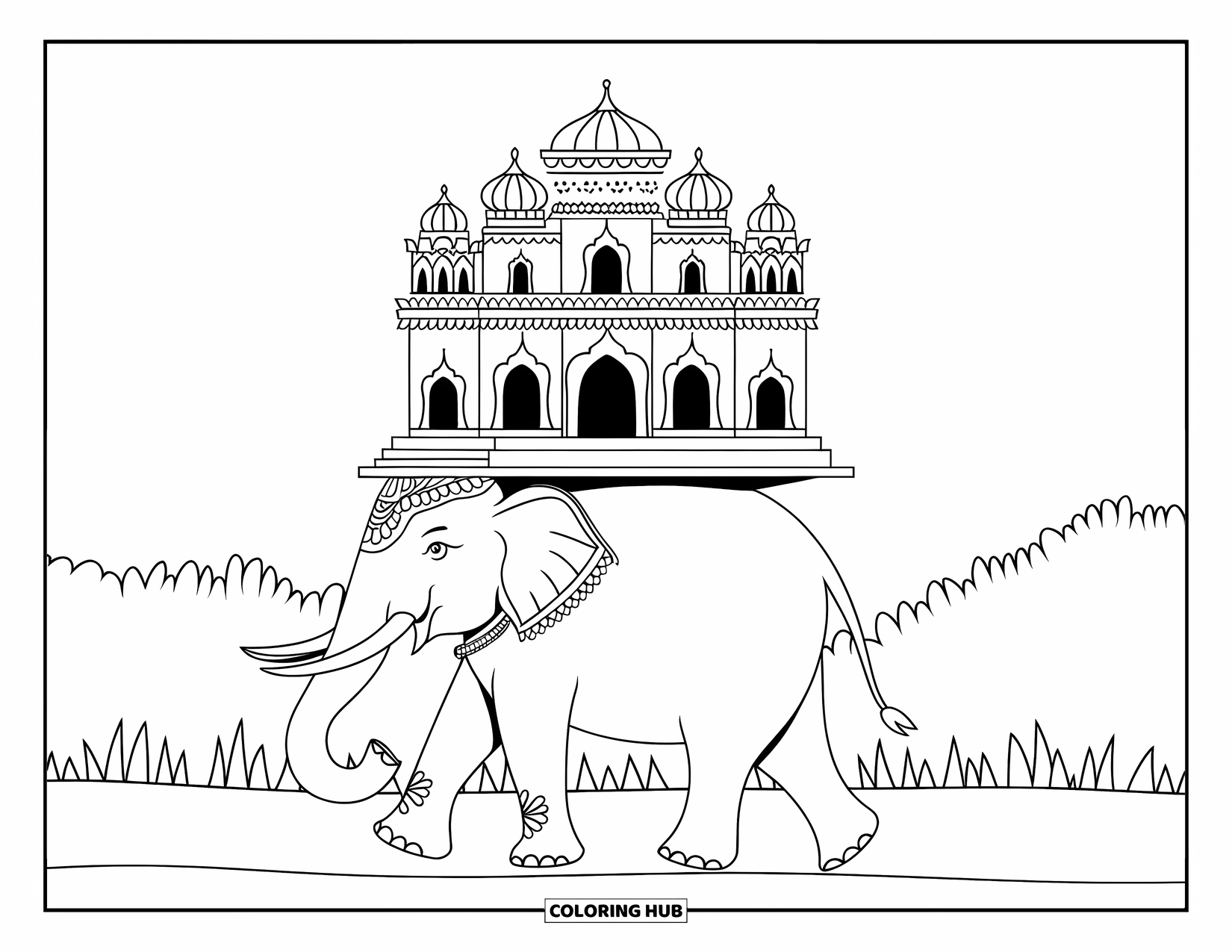 Diwali Coloring Page for Adults: A royal elephant carries a palace adorned with detailed patterns