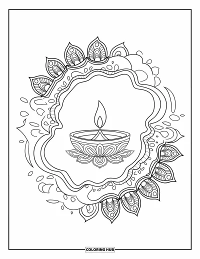 Diwali kifestő felnőtteknek: Egy magányos diya örvénylő lótusz mandala belsejében pihen