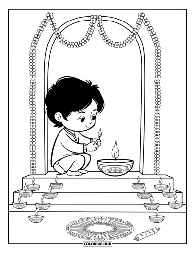 Diwali kifestő felnőtteknek: Egy mosolygó gyerek diyát gyújt körömvirágok és ünnepi díszek mellett