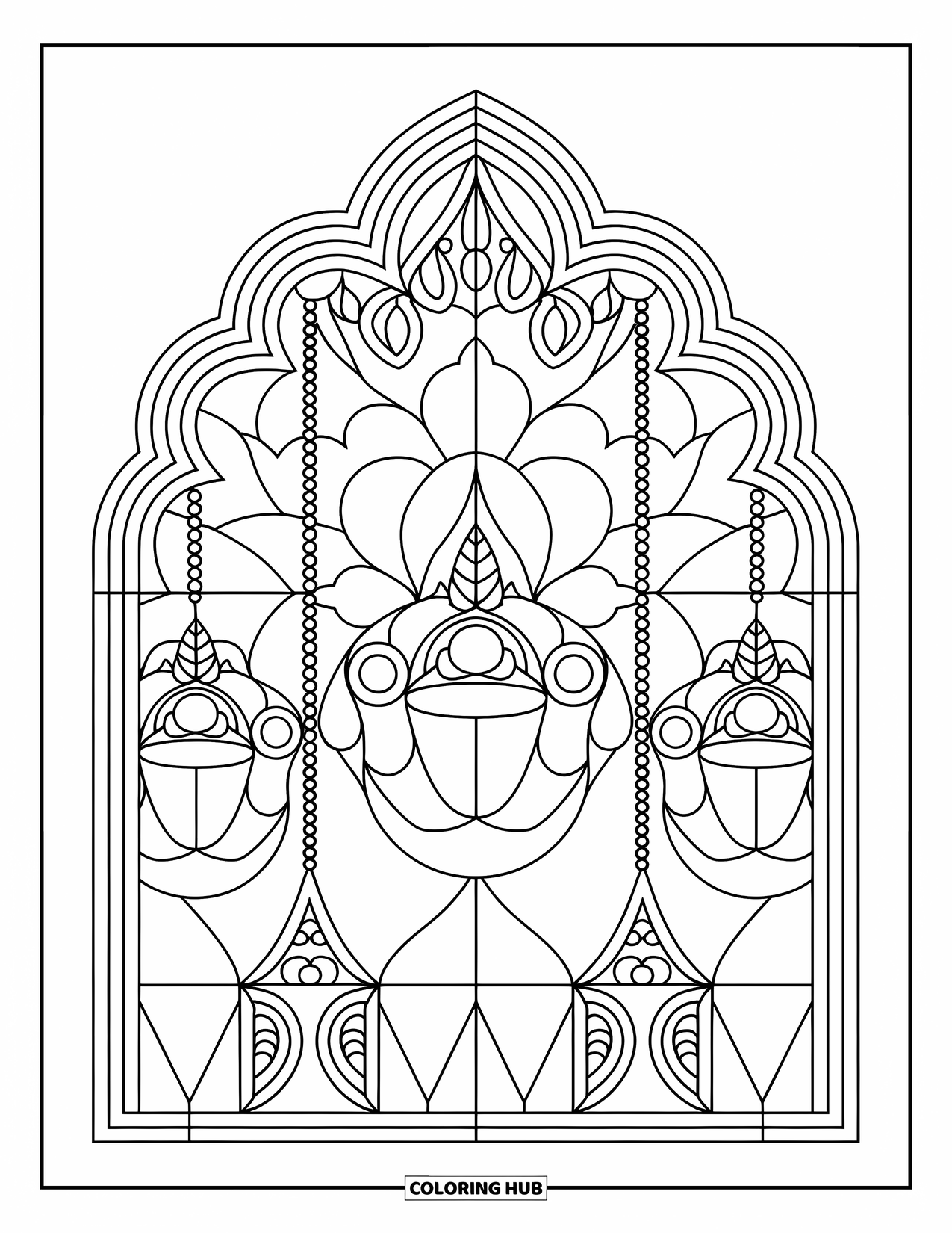 Diwali Coloring Page for Adults: A stained-glass window glows with Diwali lanterns and arches