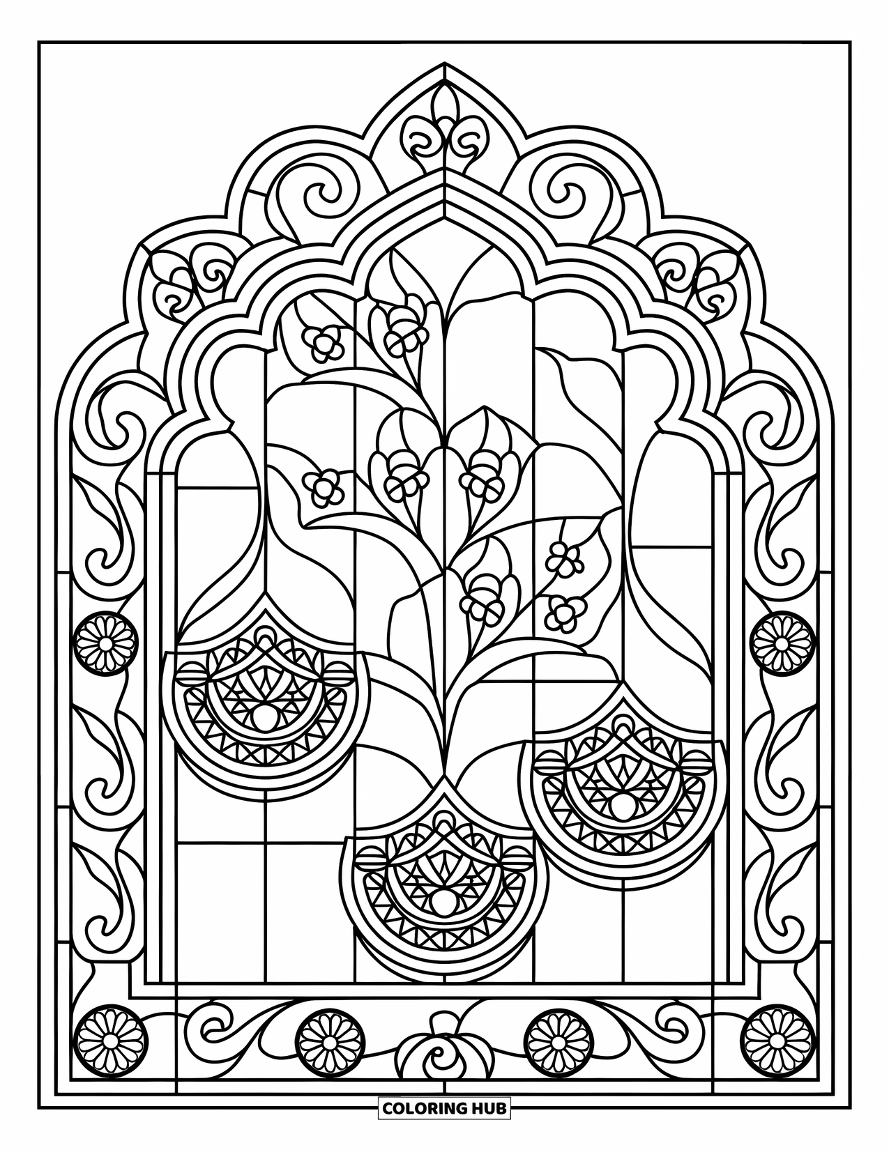 Diwali Coloring Page for Adults: A stained-glass window with lanterns and ornate floral arches