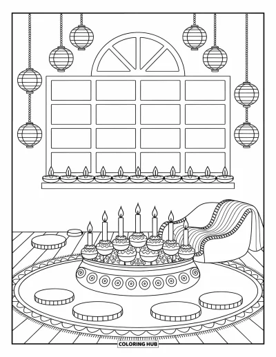 Diwali kifestő felnőtteknek: Egy meleg nappalit diyák, édességek és papírlampionok díszítenek