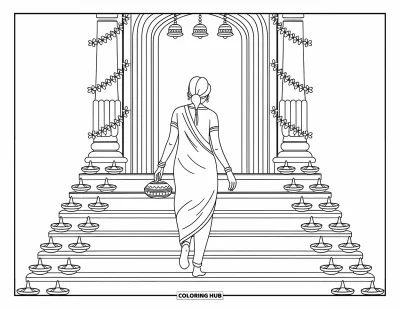 Diwali kifestő felnőtteknek: Egy nő templomi lépcsőkön halad felfelé, körülötte diyák, harangok és virágok