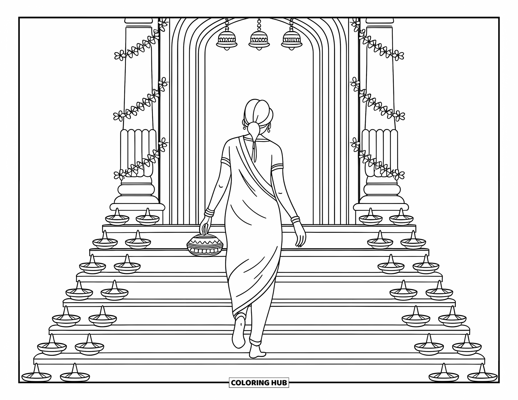 Diwali Coloring Page for Adults: A woman ascends temple steps surrounded by diyas, bells, and flowers
