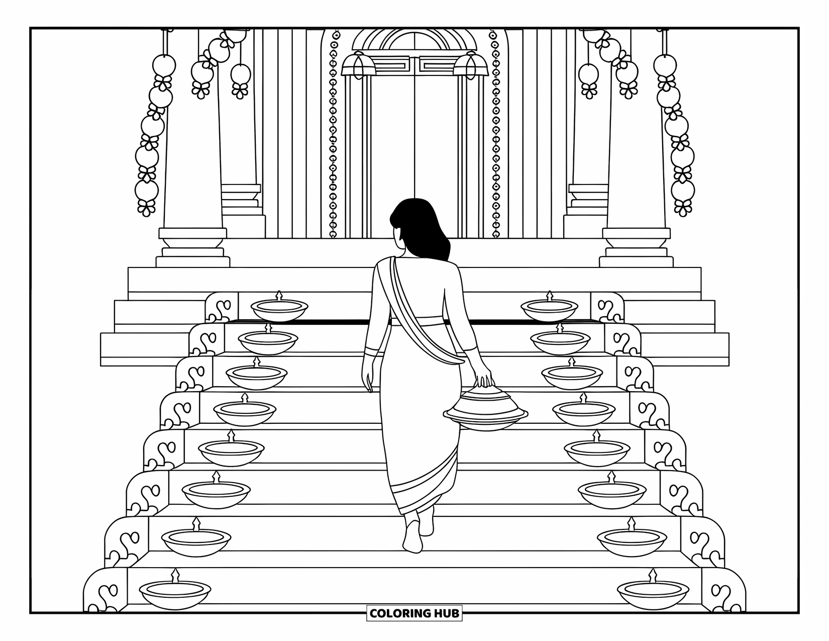 Diwali Coloring Page for Adults: A woman climbs temple steps lined with diyas, carrying a decorated thali