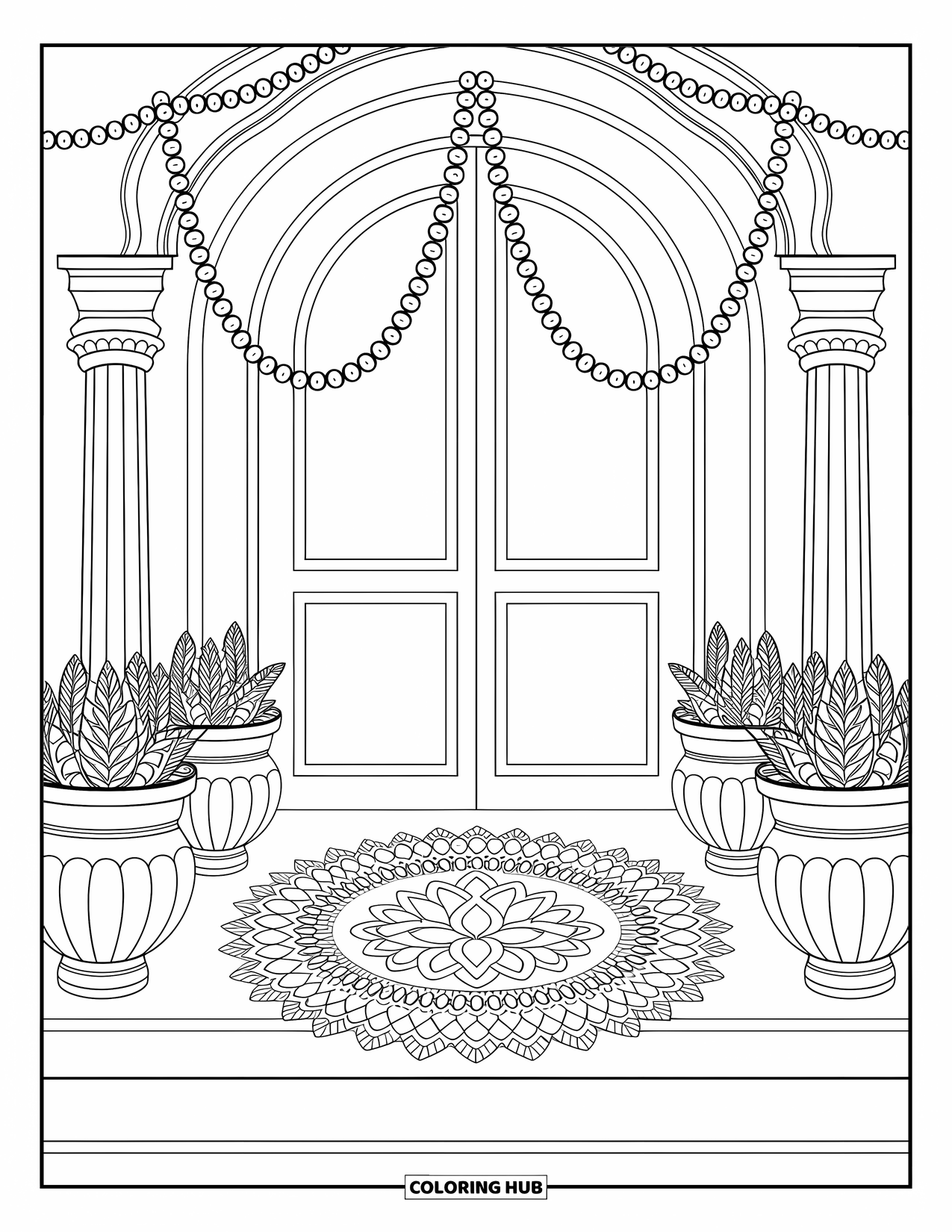 Diwali Coloring Page for Adults: An arched doorway shines with garlands, plants, and flickering diyas