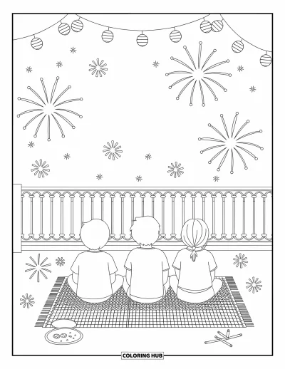 Diwali kifestő felnőtteknek: Gyerekek tetőn ülnek szőnyegen és az éjszakai égre néznek, tűzijátékra várva