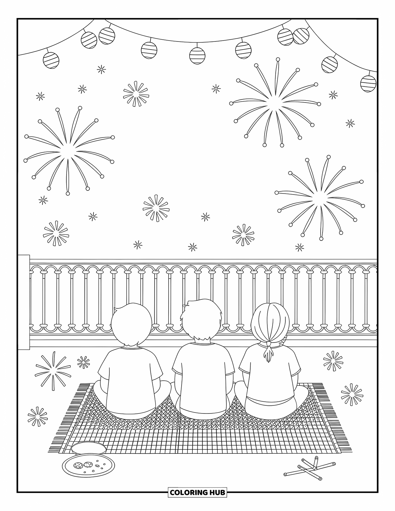 Diwali Coloring Page for Adults: Children sit on a rooftop mat watching the night sky ready for fireworks