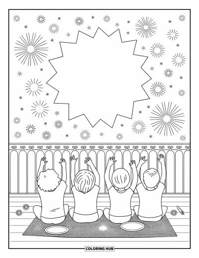 Diwali kifestő felnőtteknek: Gyerekek tetőn pihennek szőnyegen, körülöttük csillagszórók és lampionok