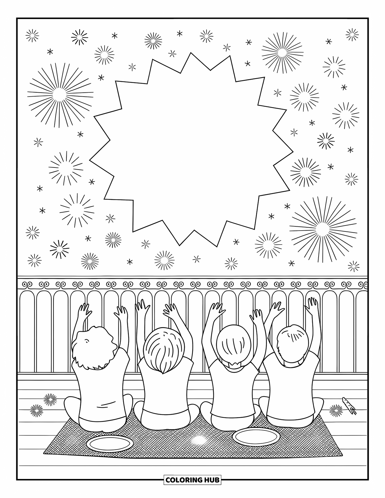 Diwali Coloring Page for Adults: Kids rest on a rooftop mat surrounded by sparklers and hanging lanterns