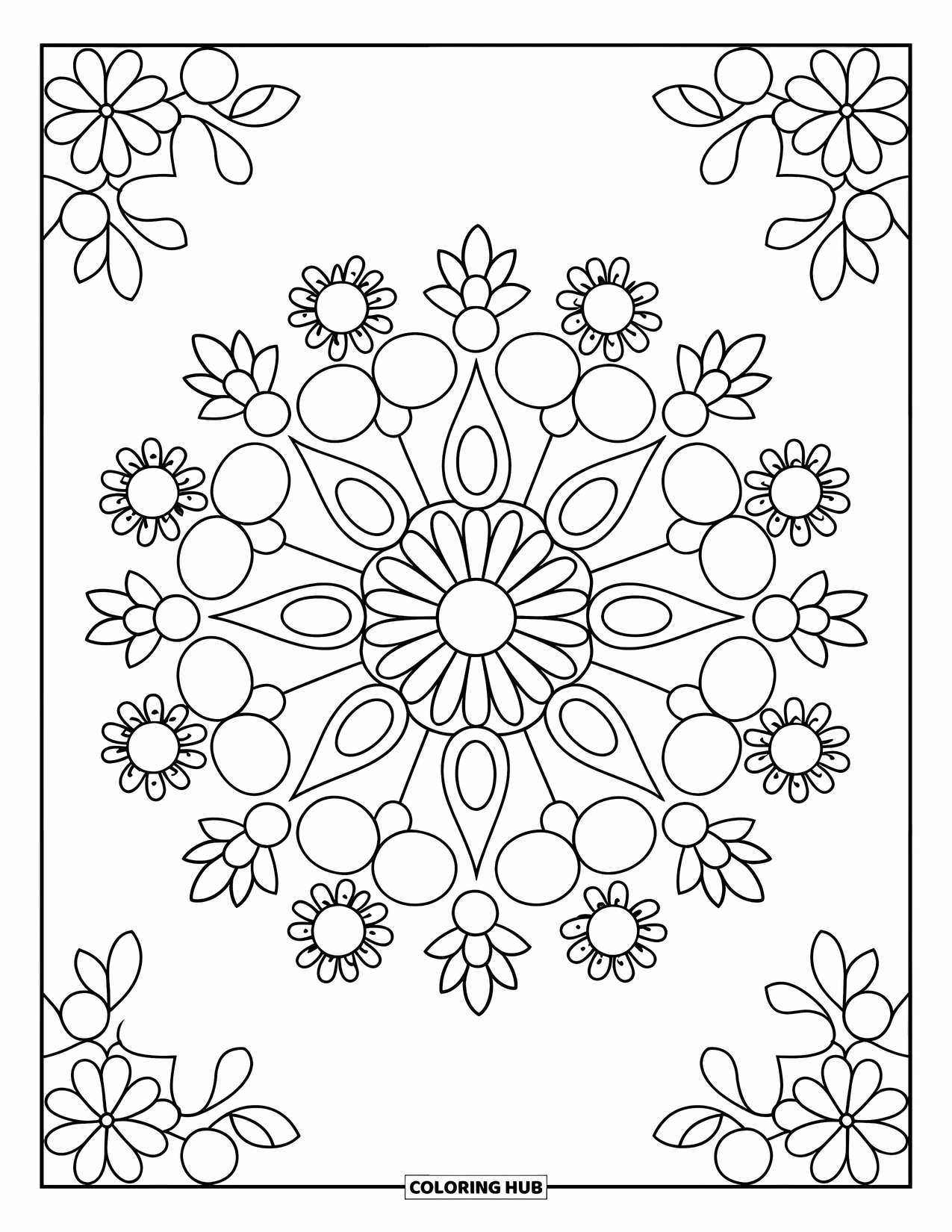 Diwali Coloring Page for Kids: A big circular rangoli shines with circles, stars, and flowers