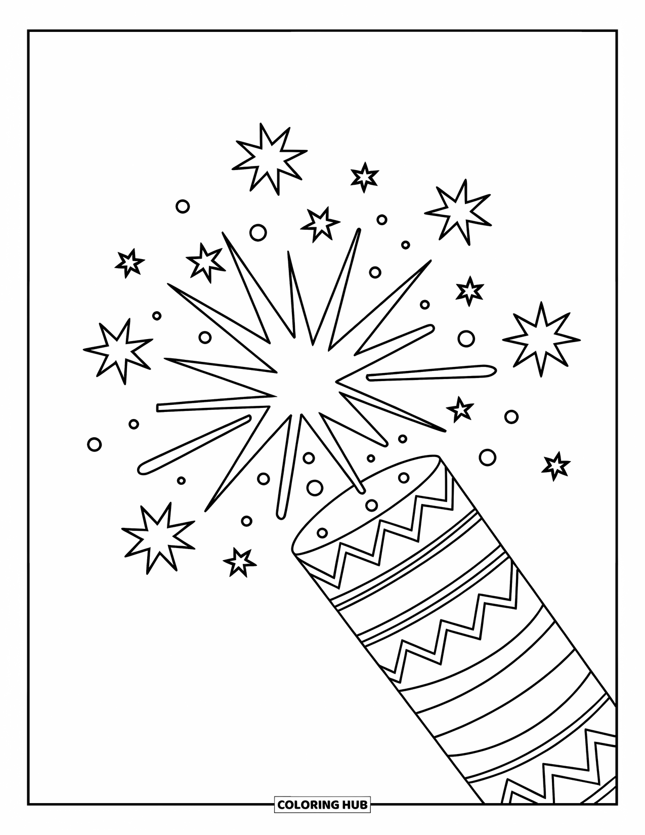 Diwali Coloring Page for Kids: A bright firecracker lights up the night with glowing stars