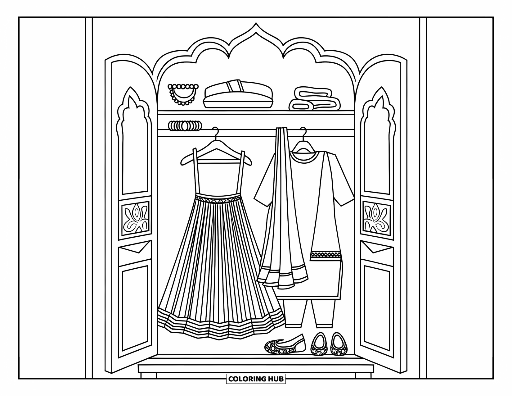 Diwali Coloring Page for Kids: A carved wardrobe holds traditional outfits and accessories for Diwali