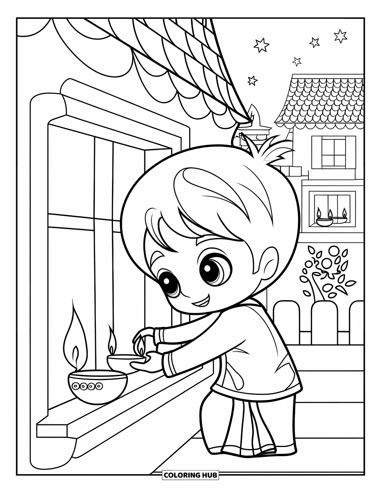 Diwali Coloring Page for Kids: A cheerful boy lights a diya surrounded by glowing homes
