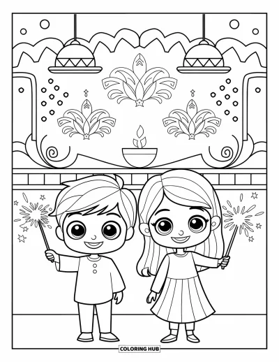 Diwali kifestő gyerekeknek: Egy chibi fiú és lány csillagszórót tart boldog mosollyal