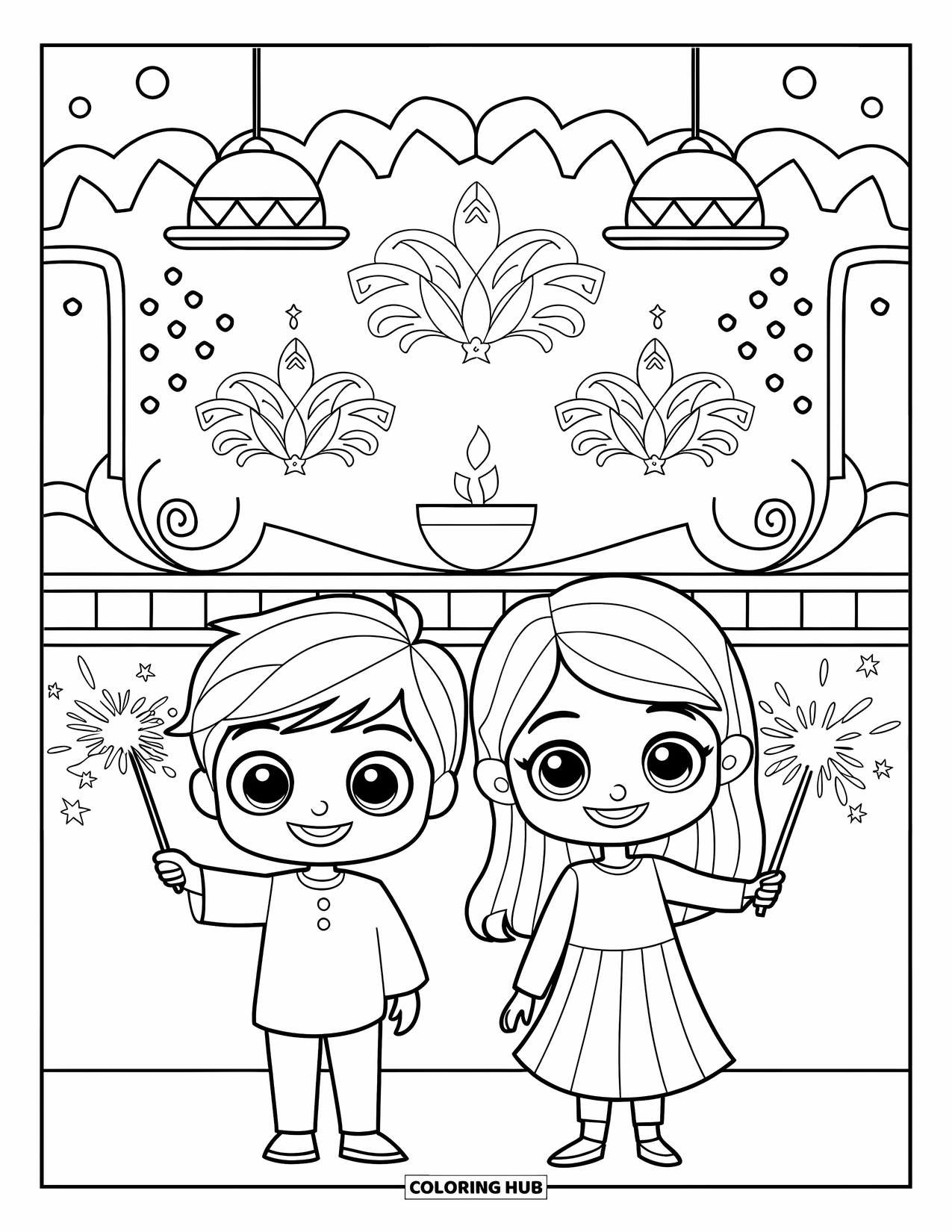 Diwali Coloring Page for Kids: A chibi boy and girl hold sparklers with happy smiles