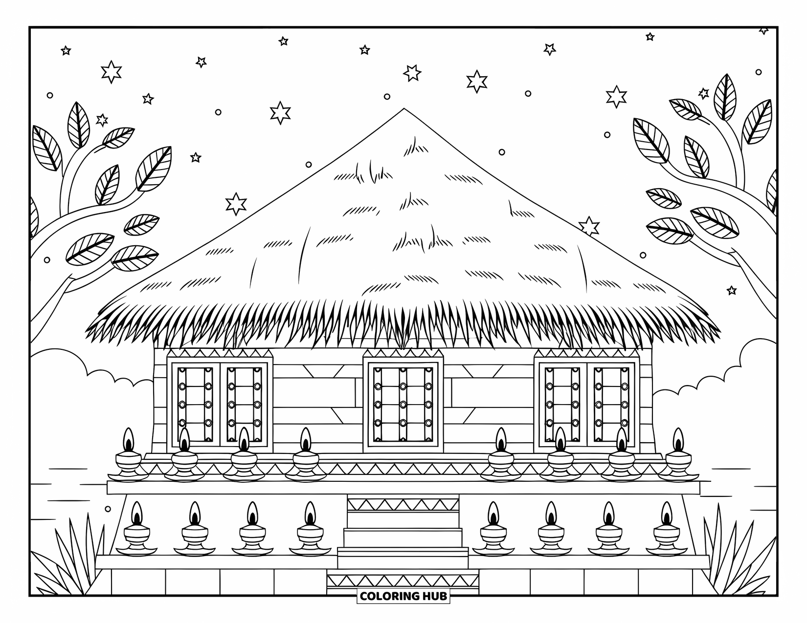 Diwali Coloring Page for Kids: A cozy Indian home lit by flickering lamps and stars