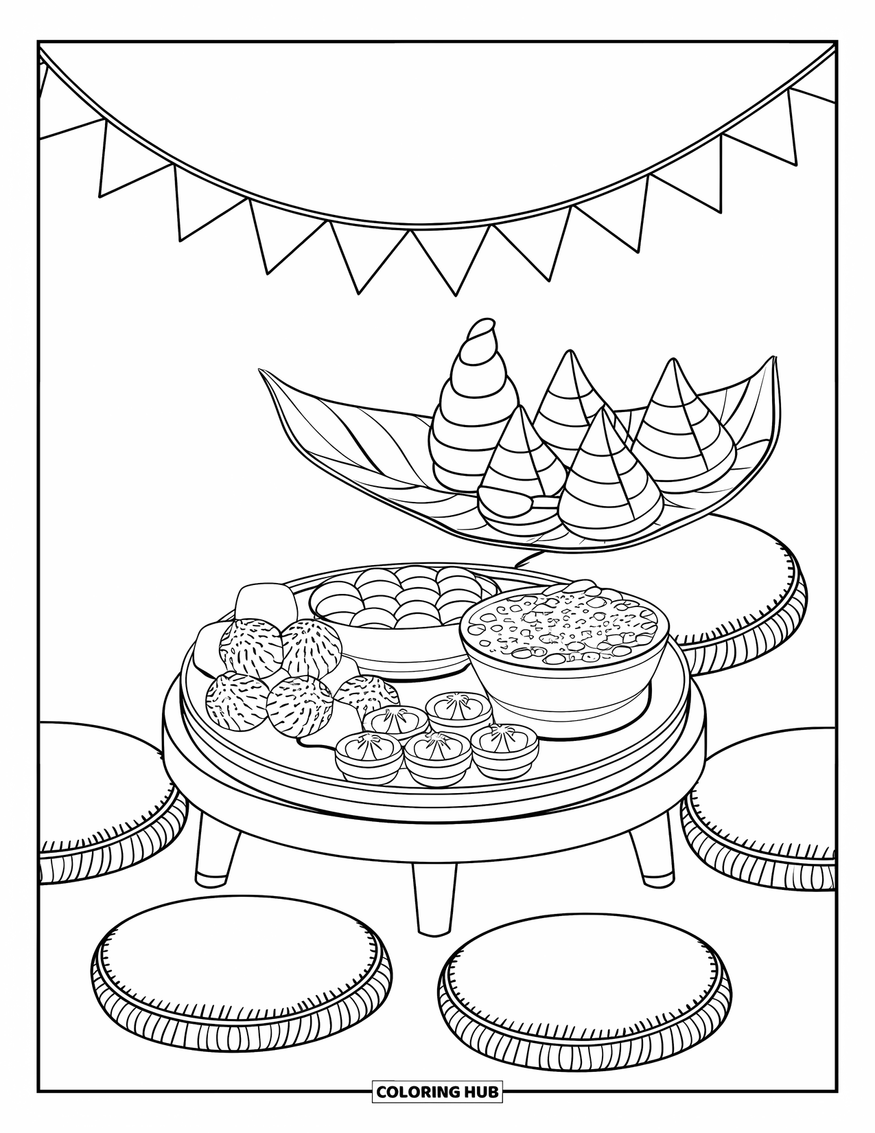 Diwali Coloring Page for Kids: A feast of mithai and samosas arranged for the festival