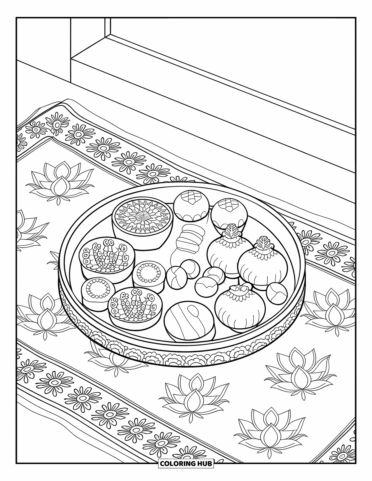 Diwali Coloring Page for Kids: A festive tray filled with laddoos and barfis sits on a cloth