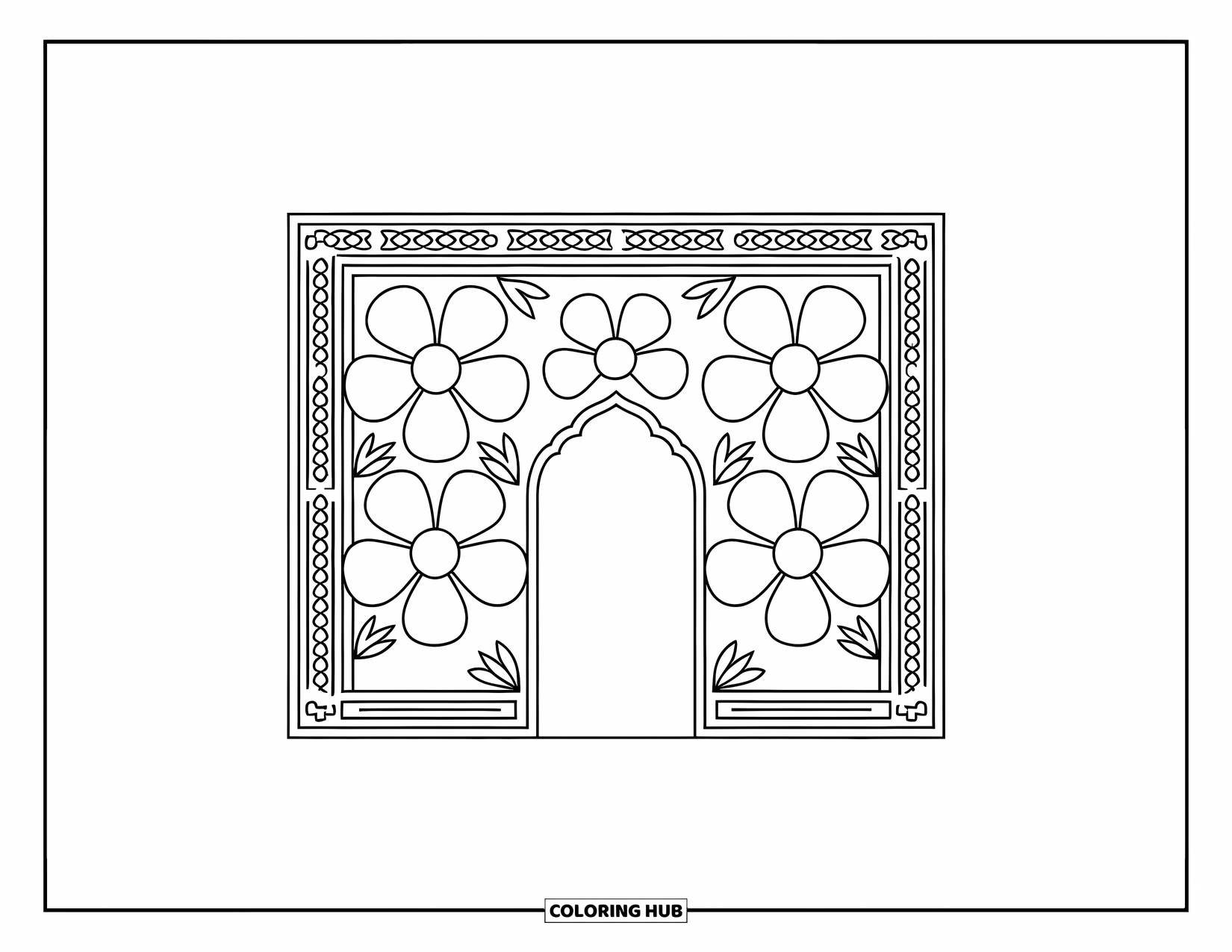 Diwali Coloring Page for Kids: A floral toran hangs above a simple festive doorway