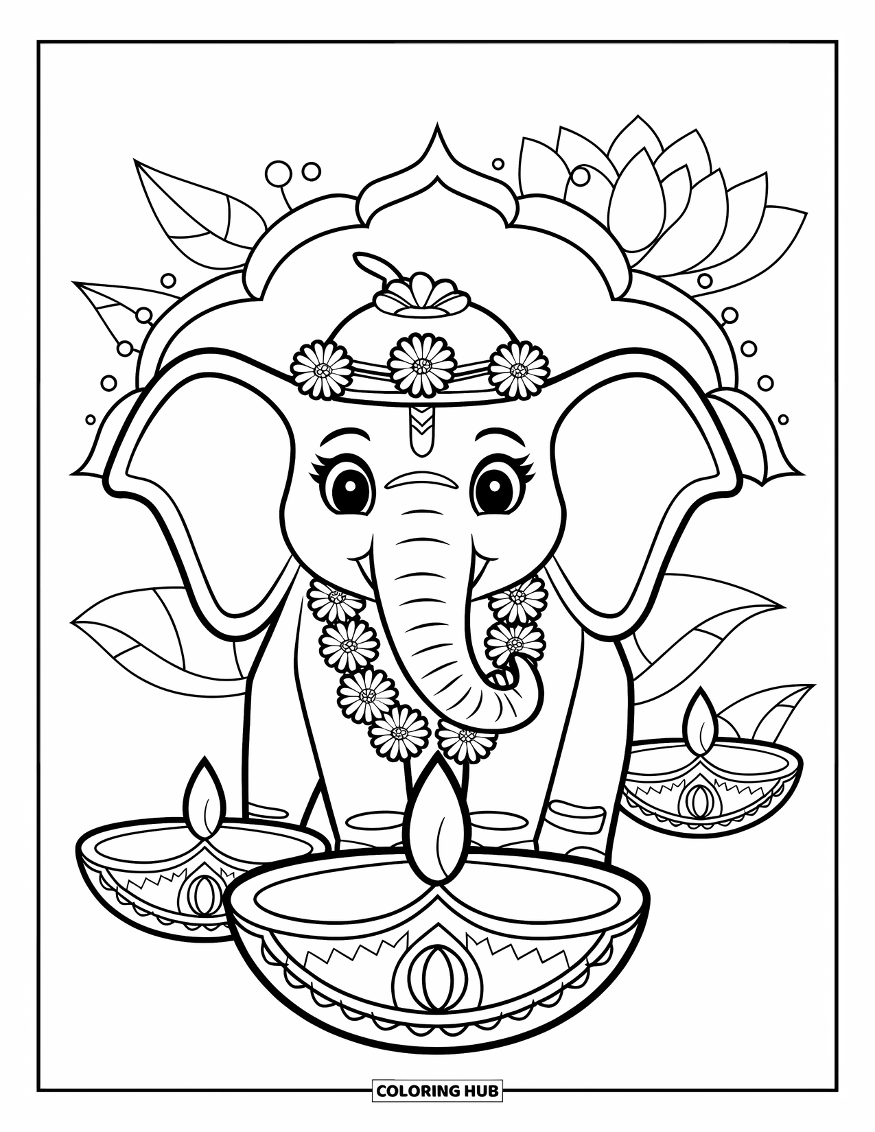Diwali Coloring Page for Kids: A happy elephant glows beside diyas and marigold garlands