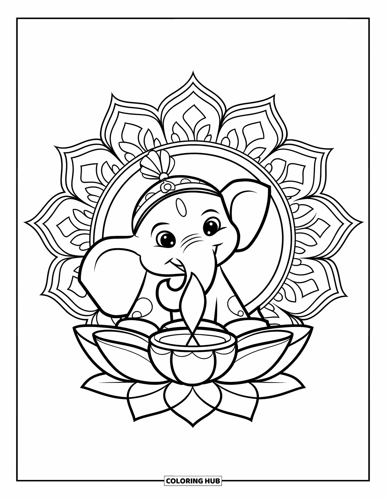 Diwali Coloring Page for Kids: A joyful elephant poses near a diya and floral patterns