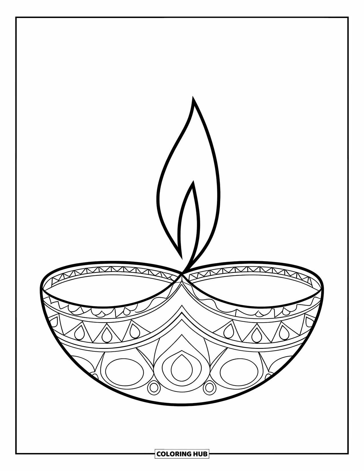 Diwali Coloring Page for Kids: A large diya with a gentle flame glows on a plain background
