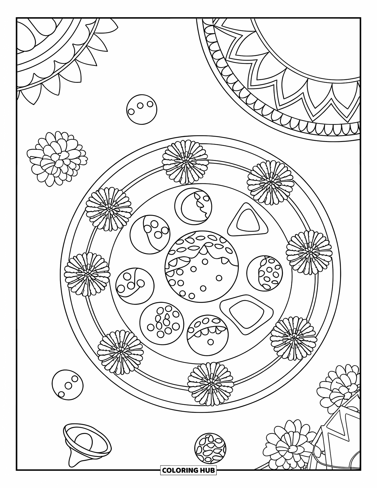 Diwali Coloring Page for Kids: A plate of laddoos and marigolds ready for the festival