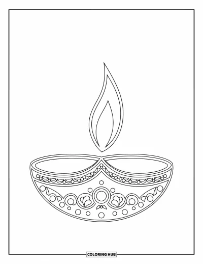Diwali kifestő gyerekeknek: Egy kerek diya fényesen ég magas, tekeredő lánggal