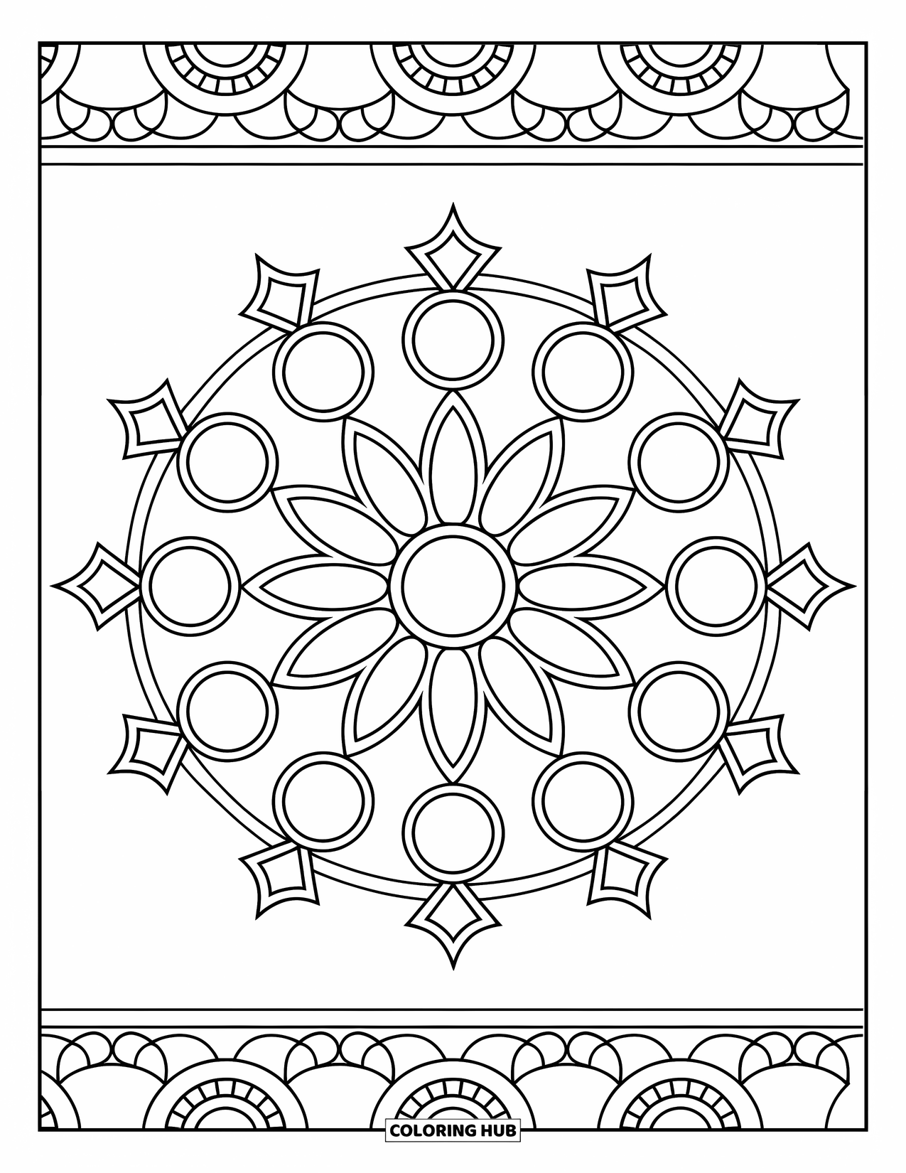 Diwali Coloring Page for Kids: A round rangoli of stars and circles decorates the ground