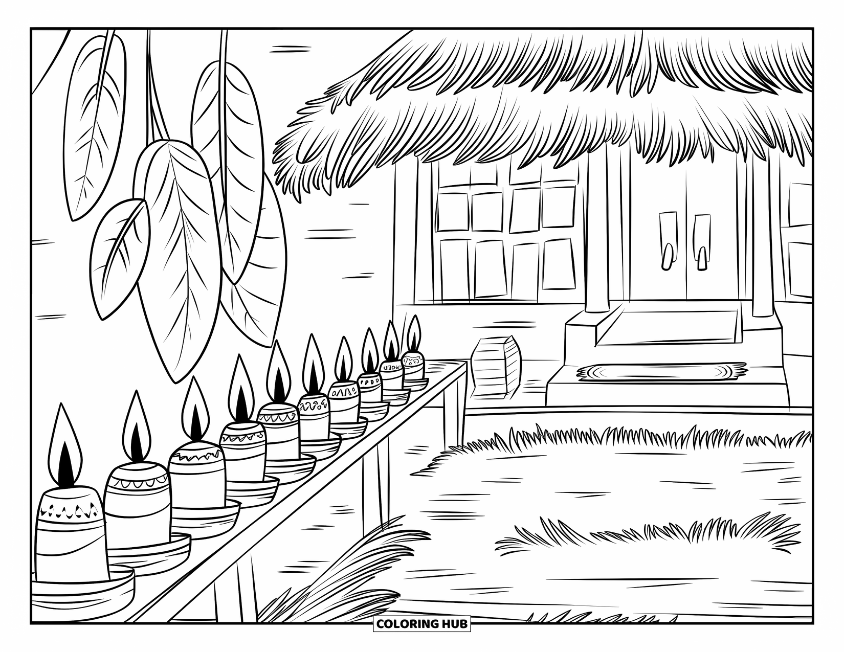 Diwali Coloring Page for Kids: A rustic house illuminated with rows of festive oil lamps