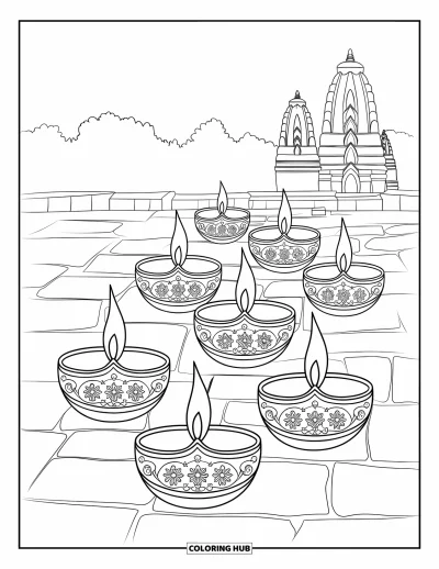 Diwali kifestő gyerekeknek: Diyák spirálja világítja meg a templomudvart