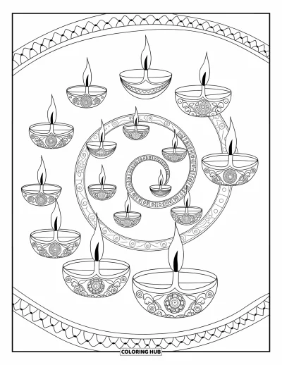 Diwali kifestő gyerekeknek: Tizenegy diya spirálja fényesíti meg a fehér ünnepi teret