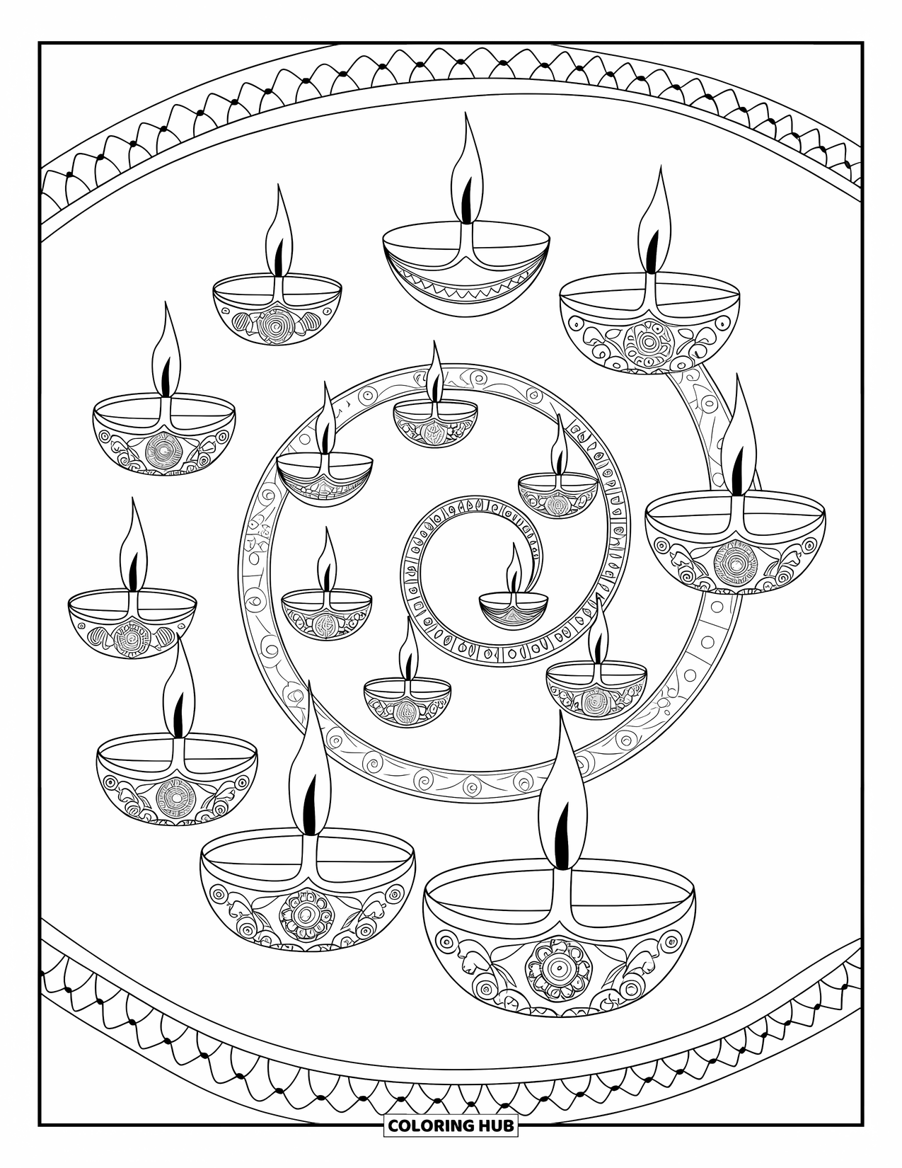 Diwali Coloring Page for Kids: A spiral of eleven diyas brightens the white festival ground