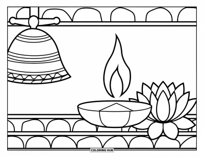 Diwali kifestő gyerekeknek: Egy templomi harang elegánsan függ egy izzó diya mellett
