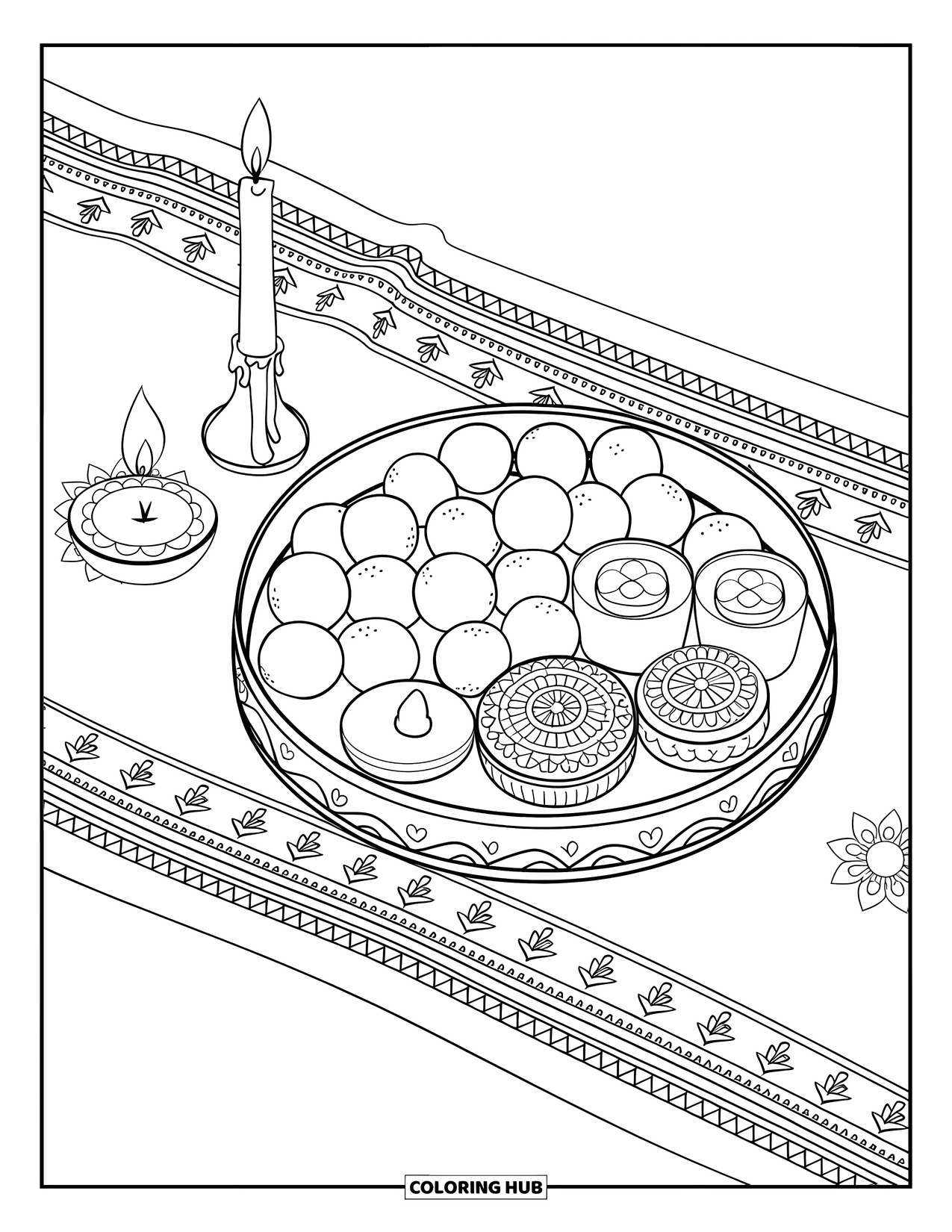 Diwali Coloring Page for Kids: A tray of sweets glows beside marigolds and a candle