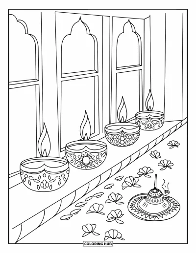 Diwali kifestő gyerekeknek: Diyákkal, szirmokkal és füstölős thálival díszített ablakpárkány