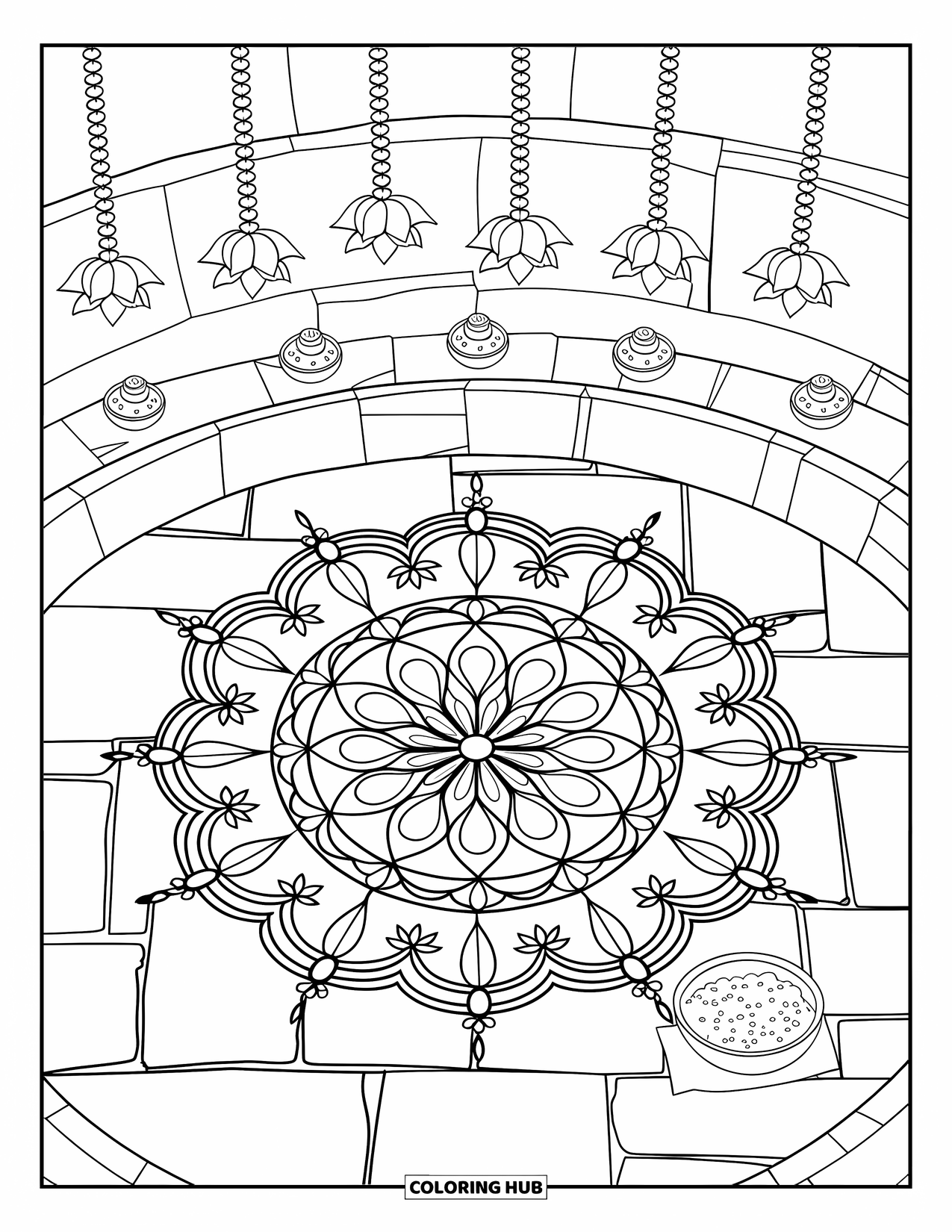 Diwali Coloring Page for Kids: An intricate rangoli shines at the center of a courtyard