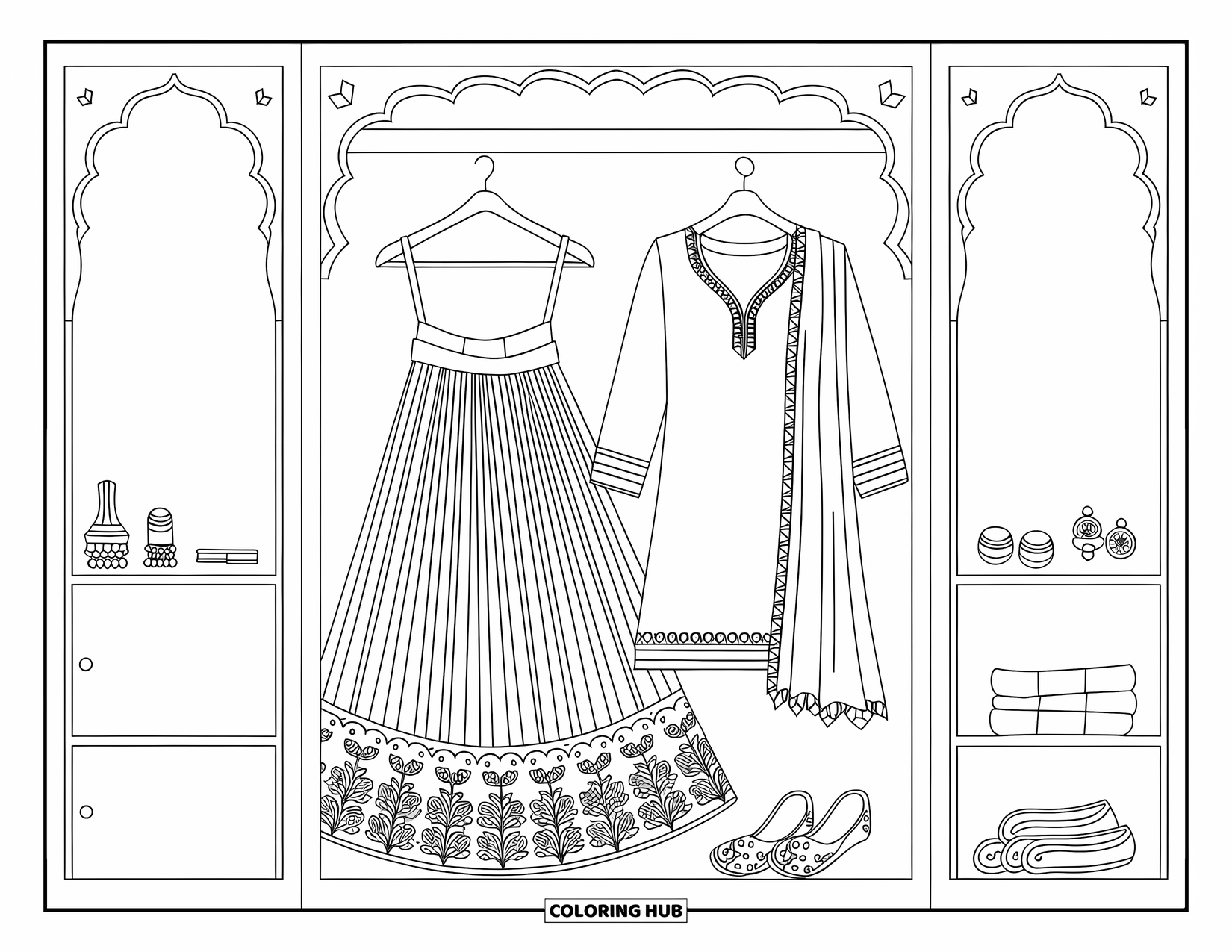 Diwali Coloring Page for Kids: An ornate wardrobe displays festive outfits and accessories for the season