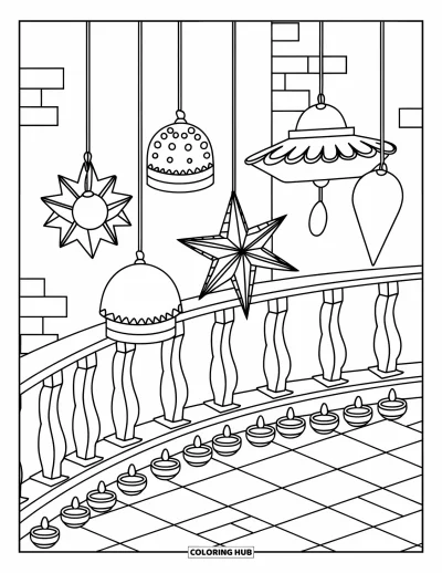 Diwali kifestő gyerekeknek: Lampionok lógnak egy erkély felett, amelyet meggyújtott diyák szegélyeznek