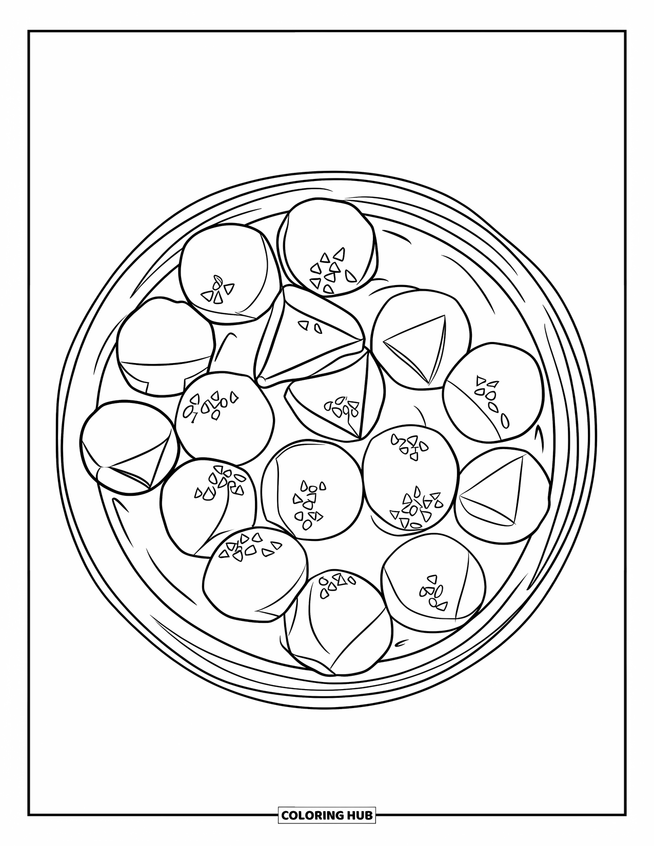 Diwali Coloring Page for Kids: Round laddoos fill a plate made for little hands to color