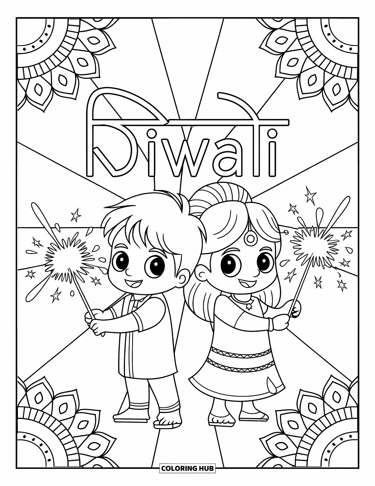 Diwali Coloring Page for Kids: Smiling kids play with sparklers in a festive scene
