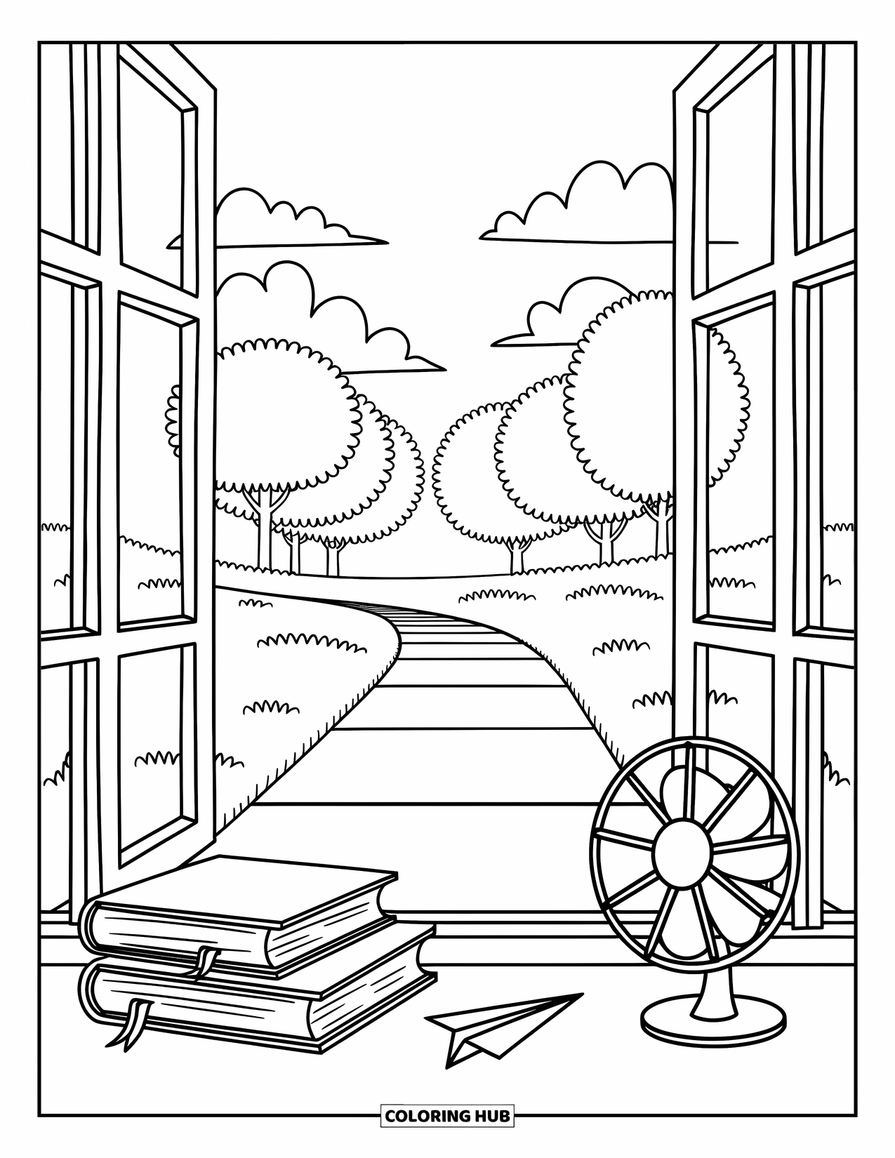 End Of School Year Coloring Page for Adults: A classroom window scene with books, clouds, and a flying paper airplane
