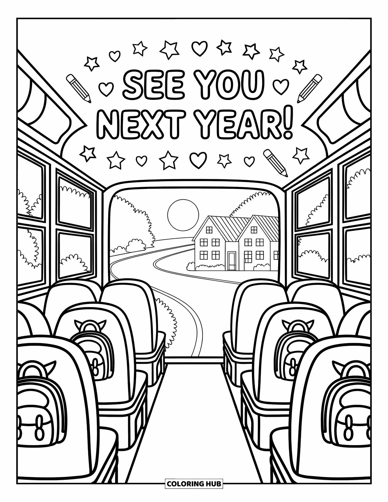 End Of School Year Coloring Page for Adults: A cozy bus ride view with small backpacks and a farewell message
