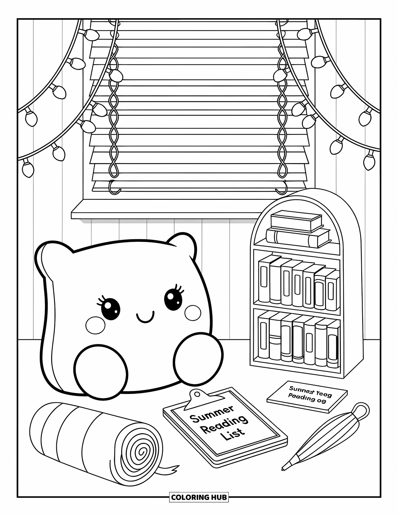 End Of School Year Coloring Page for Adults: A cozy reading nook with books, a "Summer Reading List," and fairy lights