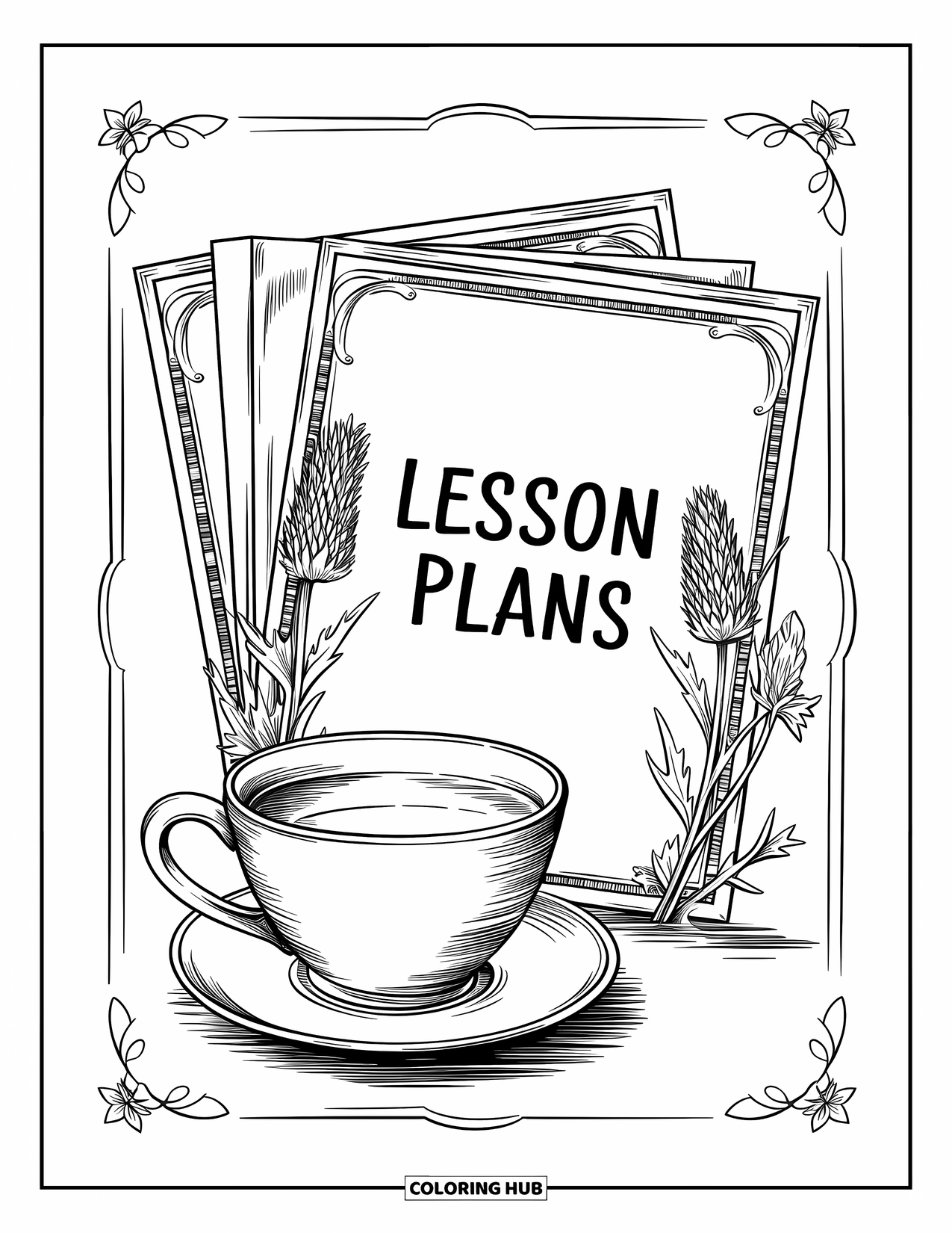 End Of School Year Coloring Page for Adults: A cup of tea sits beside closed lesson plans framed by lavender and thistle