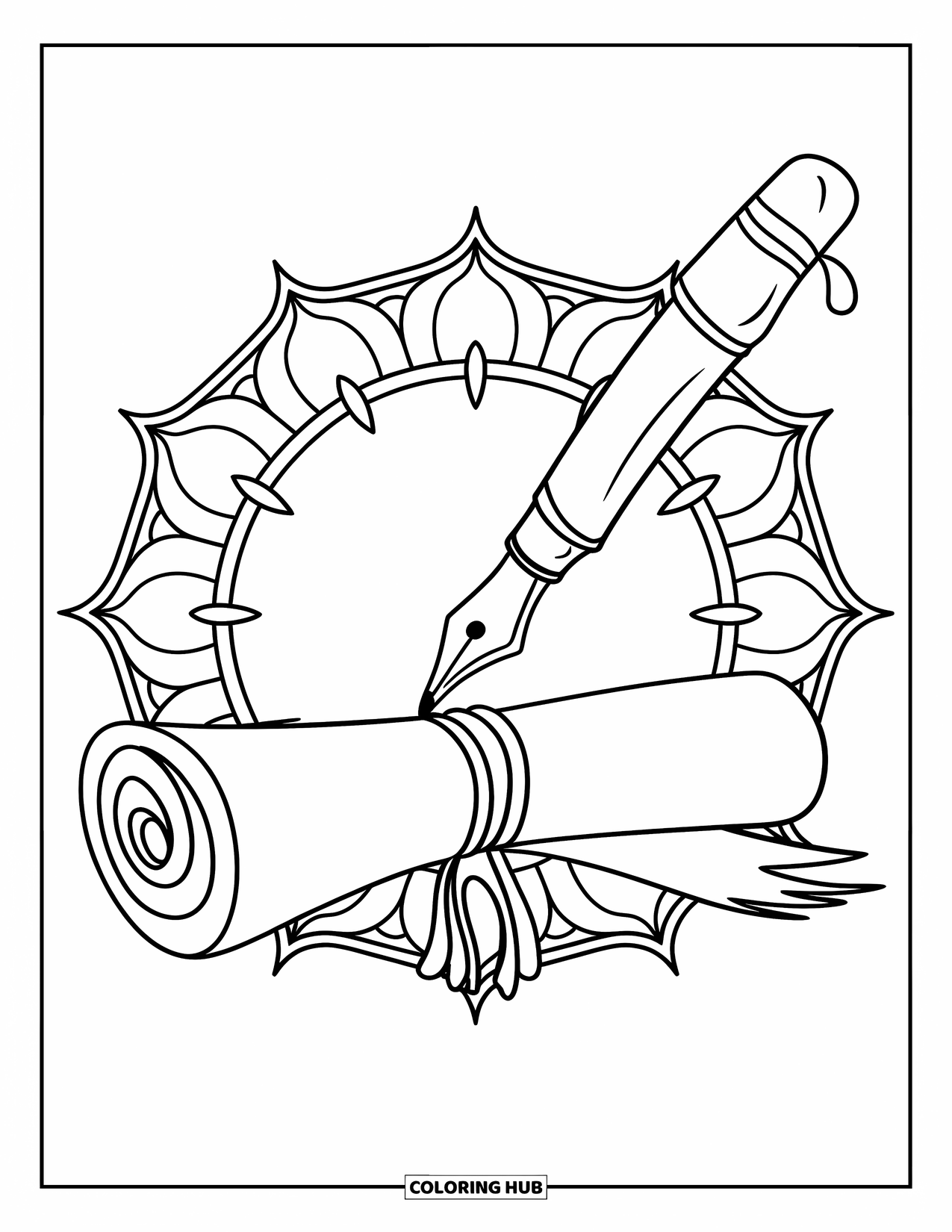 End Of School Year Coloring Page for Adults: A fountain pen draws a diploma scroll encircled by floral mandalas