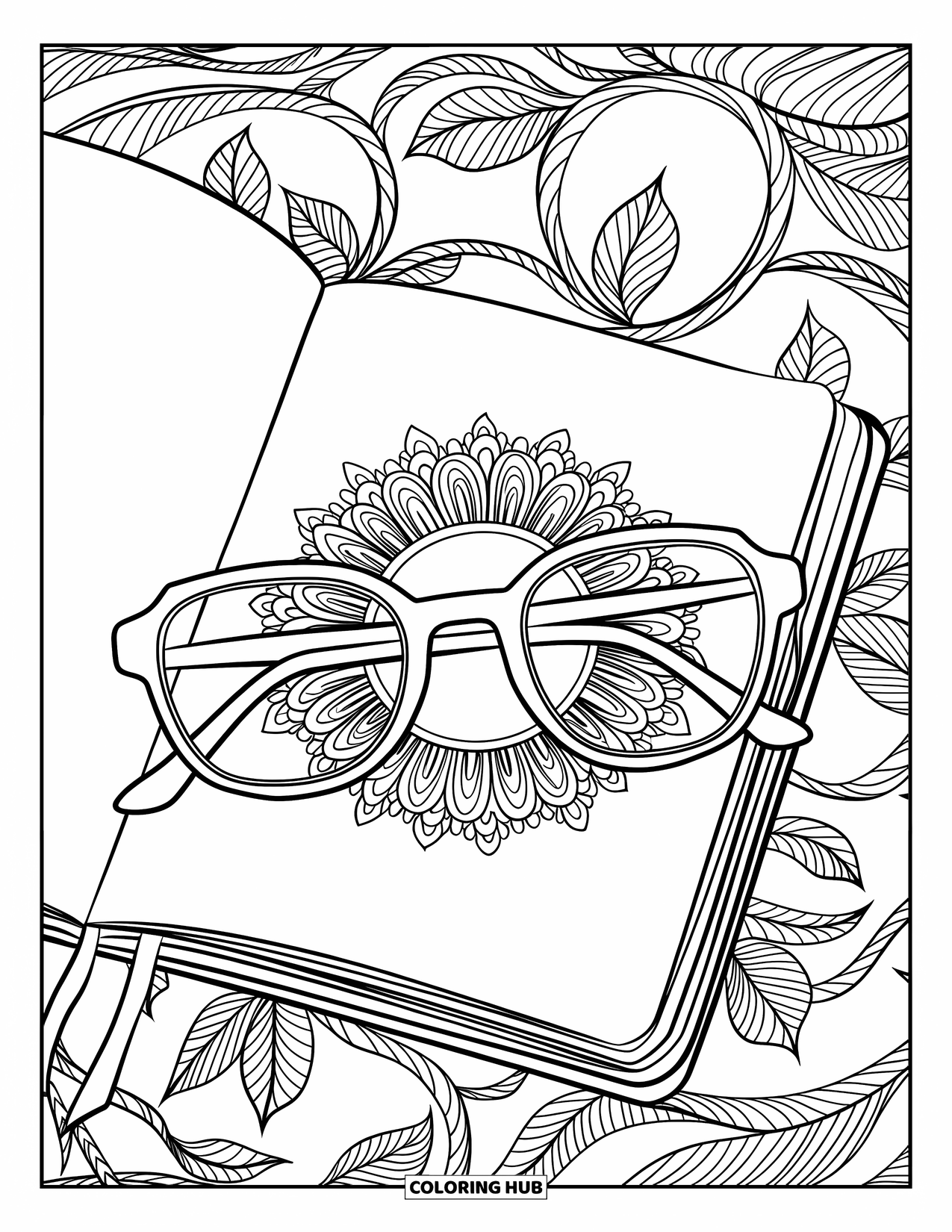 End Of School Year Coloring Page for Adults: A notebook with a mandala design holds resting glasses on its pages
